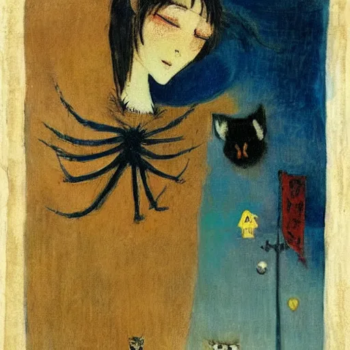 Image similar to manga spider with girl face and her cat with 8 legs wolking on street by odilon redon