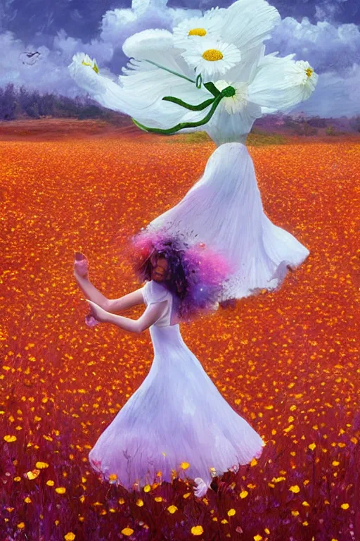 Prompt: giant white daisy flower on head, girl dancing in a flower field, surreal photography, sunrise, dramatic light, impressionist painting, colorful clouds, digital painting, artstation, simon stalenhag