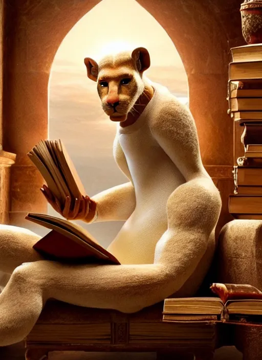 Prompt: A beautiful scene from a 2022 fantasy film featuring a humanoid fossa wearing loose white clothing reading an ancient tome on a couch. An anthropomorphic fossa. Golden hour.