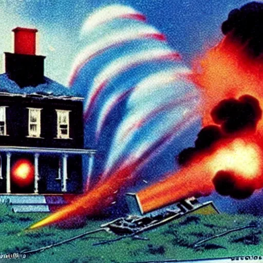 Image similar to color photo from the 80s, the shelling of a house in New York by Soviet soldiers, epic style, a bunch of explosions, realistic style