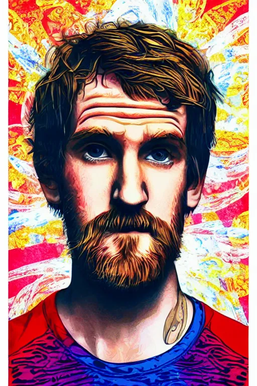 Image similar to inspirational style hope poster of bo burnham with beard, psychedelic colors, highly detailed, realistic, loving