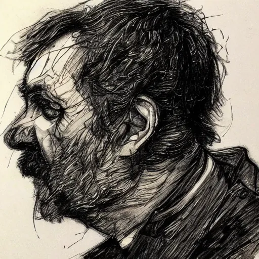 Prompt: a realistic yet scraggly portrait sketch of the side profile of a stern and sophisticated david bryne, trending on artstation, intricate details, in the style of frank auerbach, in the style of sergio aragones, in the style of martin ansin, in the style of david aja, in the style of mattias adolfsson