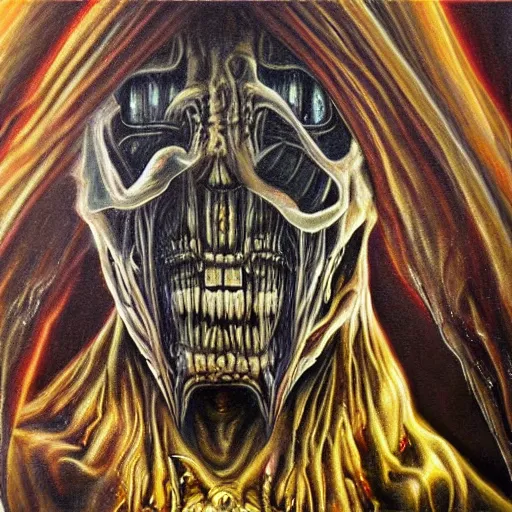 Prompt: the devil, hyperrealistic oil panting, disturing, highly detailed, shaded lightning, inspired by hr giger