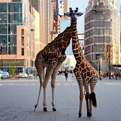 Image similar to a giraffe dancing ballet in the center of city