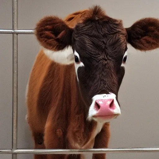 Image similar to mugshot of a cute calf with big eyes dressed as an inmate inside a jailcell