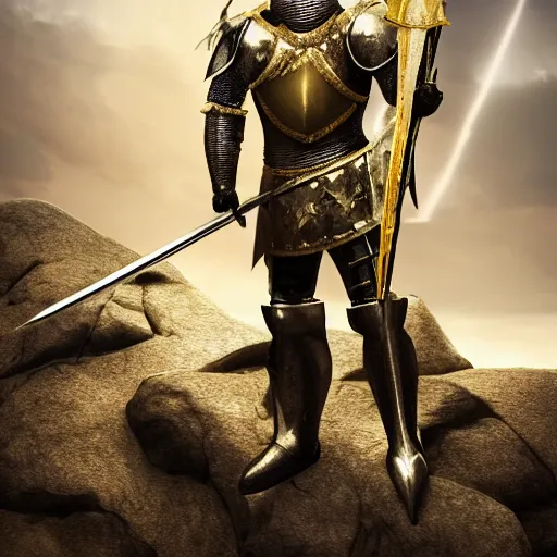 Prompt: knight in shiny gold armor holding diamond sword standing on a rock 8k,detailed, cinematic, concept art, arstation