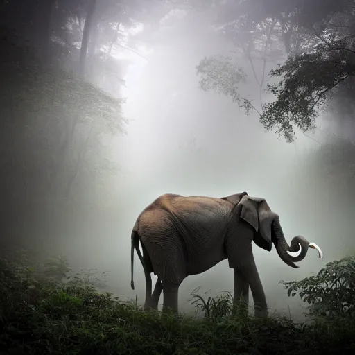 Prompt: an elephant octopus chimera, in a jungle with ominous light from above, ambient light, fog, river