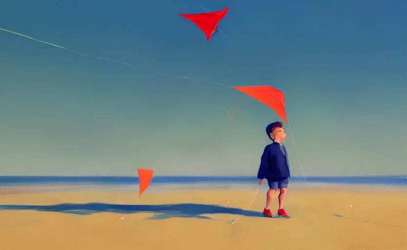 Image similar to child flying a kite at the beach by atey ghailan and garmash, michael, cinematic, volumetric lighting