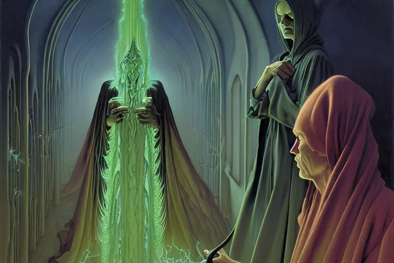 Image similar to the female arcanist and the male artificer by zacharias aagaard and gerald brom and zdzisław beksinski and james gilleard and wayne barlowe and marc simonetti and jean delville, beautiful, robes, highly detailed, hyperrealistic, intricate, energy, electricity, blue flame, low light, green crystal, high contrast