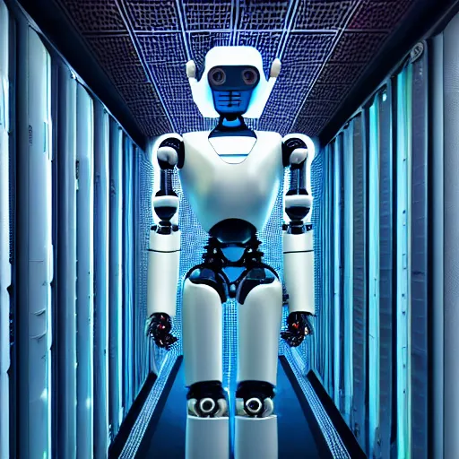 Image similar to colour brutal caravaggio style photography of highly detailed aesthetic robot wearing sci - fi system administrator uniform designed by botticelli and working in detailed sci - fi data centre designed by josan gonzalez, many details, volumetric dramatic natural light in style of josan gonzalez and mike winkelmann and andgreg rutkowski and alphonse muchaand