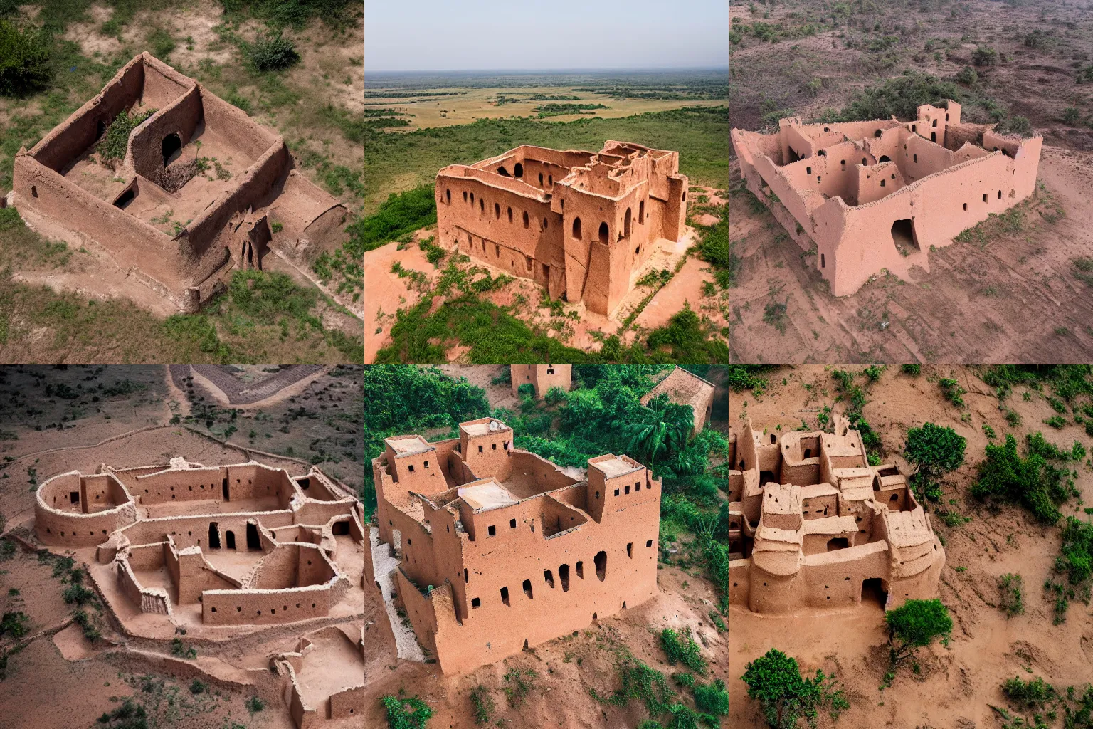 Prompt: High-quality aerial photography of an old West African castle made of mud bricks in the middle of a village on top of a mountain, National Geographic