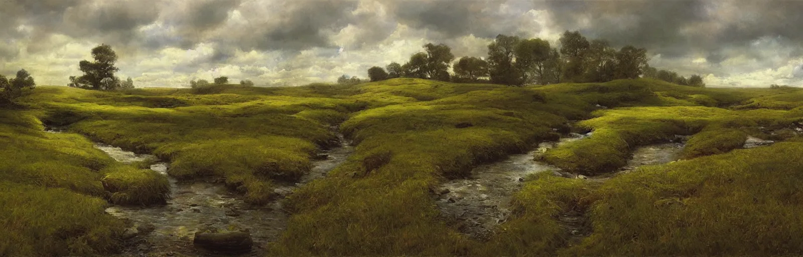 Prompt: A meadow with a stream, wide landscape, illustration, detailed, smooth, soft, warm, by Adolf Lachman, Shaun Tan, Surrealism