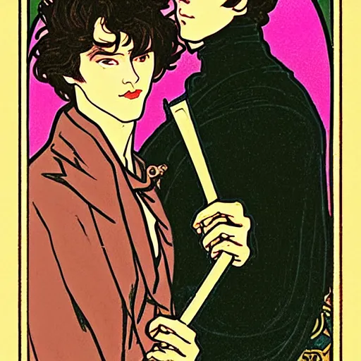 Image similar to tarot card of young cute handsome beautiful dark medium wavy hair man in his 2 0 s named shadow taehyung and cute handsome beautiful min - jun together at the halloween party, bubbling cauldron, candles, smoke, autumn colors, elegant, stylized, soft facial features, delicate facial features, art by alphonse mucha, vincent van gogh, egon schiele