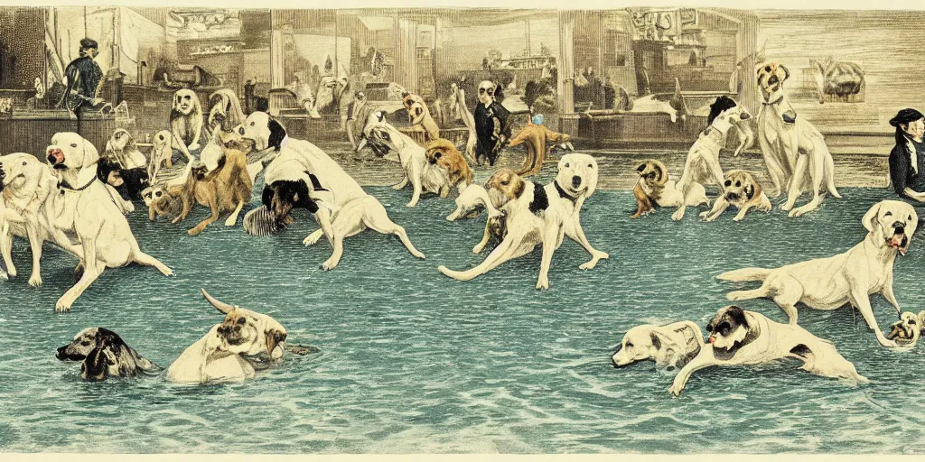 Image similar to a flat illustration of dogs swimming in a wide pool, vaudevillian, from 1890, detailed, vignette, high quality scan, yellowish, greenish