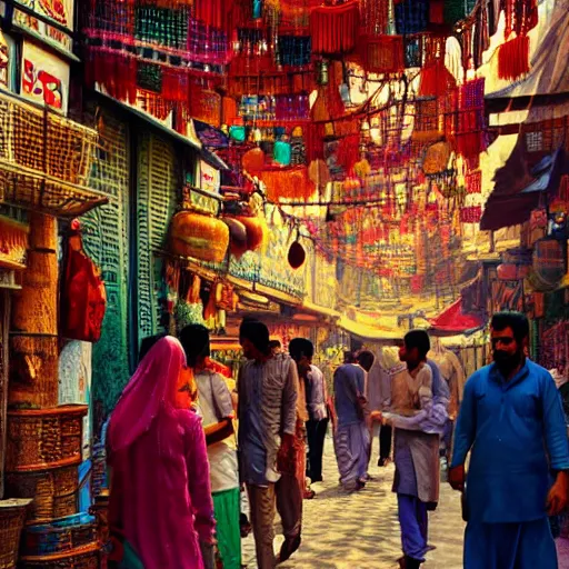 Image similar to bazaar in delhi. art by salman toor. global illumination, radiant light, detailed and intricate environment, atmospheric light, cinematic, trending on artstation