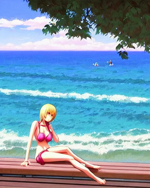 Image similar to girl in bikini sitting on the bench near the sea | very anime!!!, fine face, audrey plaza, realistic shaded perfect face, fine details. anime. strong realistic shaded lighting poster by ilya kuvshinov katsuhiro otomo ghost, magali villeneuve, artgerm, jeremy lipkin and michael garmash and rob rey