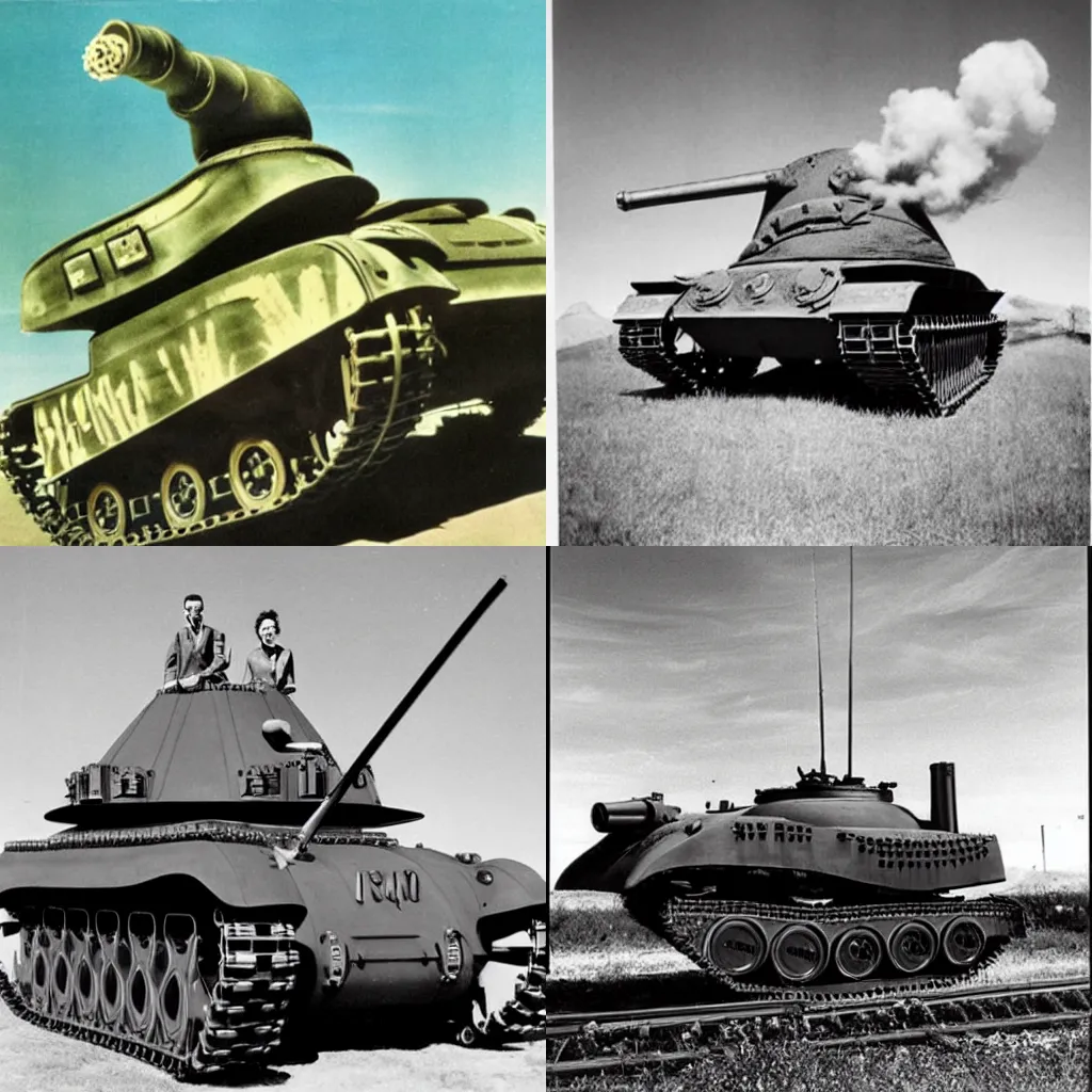 Prompt: promotional photograph of an atompunk tank (1955), retrofuture