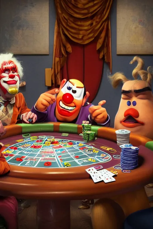 Image similar to pixar serious people playing poker, an angry clown is sitting at the table, screaming | glamorous oily soft polished rich ornate modern | weta disney pixar movie still photo | hi - fructose, sci fi fantasy, smooth, octane render, sharp focus, artstation, concept art | artgerm, mucha, rutkowski, feng zhu, wlop, loish