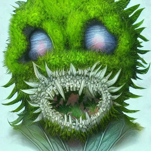 Prompt: A plant monster, highly detailed, digital art, sharp focus, trending on art station, leaves, moss, ferns, thistle