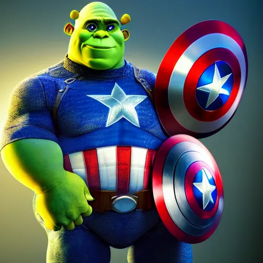 Image similar to digital painting of Shrek as Captain America, octane render, volumetric lightening, by marvel