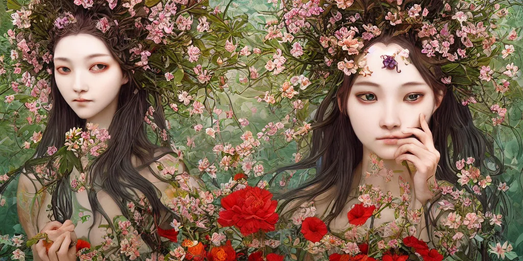 Prompt: breathtaking detailed concept art painting of the goddess of flowers, orthodox saint, with anxious, piercing eyes, ornate background, amalgamation of leaves and flowers, by Hsiao-Ron Cheng, James jean, Miho Hirano, Hayao Miyazaki, extremely moody lighting, 8K