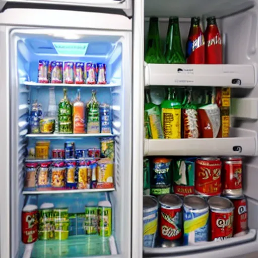 Image similar to a refrigerator with the door open, lots of cans of drinks inside