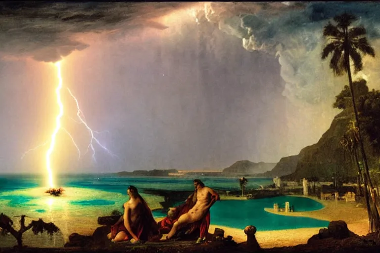 Image similar to Doomsday chaos, refracted lightnings on the ocean, thunderstorm, greek pool, beach and Tropical vegetation on the background major arcana sky and occult symbols, by paul delaroche, hyperrealistic 4k uhd, award-winning, very detailed paradise