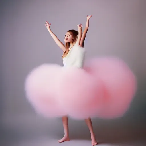 Prompt: photorealistic portrait of cute female model, fluffy soft pink and white cotton balls floating around in air, natural lighting, blurry background, 8 5 mm lens, by annie leibovitz