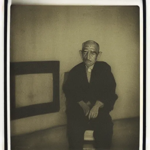 Image similar to an oldman, smoking, in a bar, chinese painting, polaroid, wide angle