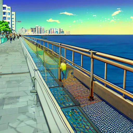 Image similar to oceanfront walkway, futuristic city, colorful city, curved railing, long railing, shining sea, cel - shading, 2 0 0 1 anime, cel - shaded, bright sunshine, jet set radio, mirror's edge, raytracing, toon - shading, strong shadows