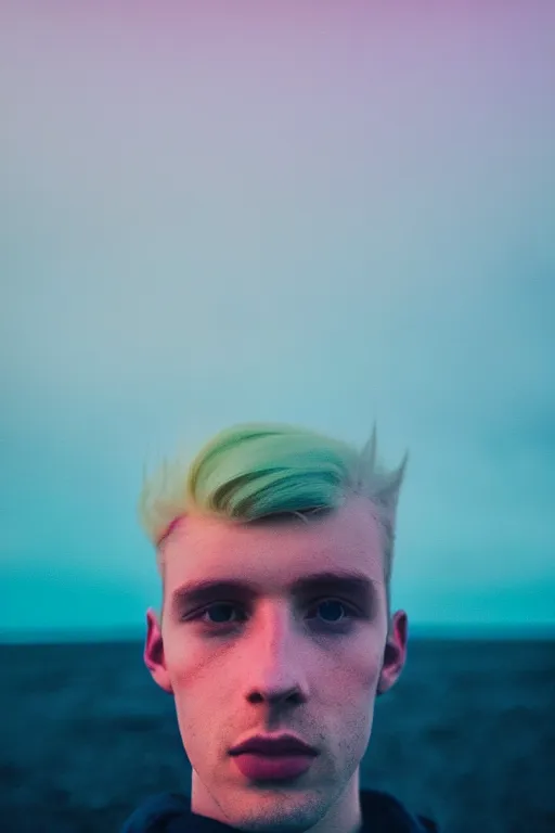 Image similar to high quality pastel coloured film mid angle selfie photograph of a young beautiful man standing in an icelandic black rock environment. atmospheric. three point light. photographic. art directed. pastel colours. volumetric light. stark. waves glitch. 8 k. filmic.