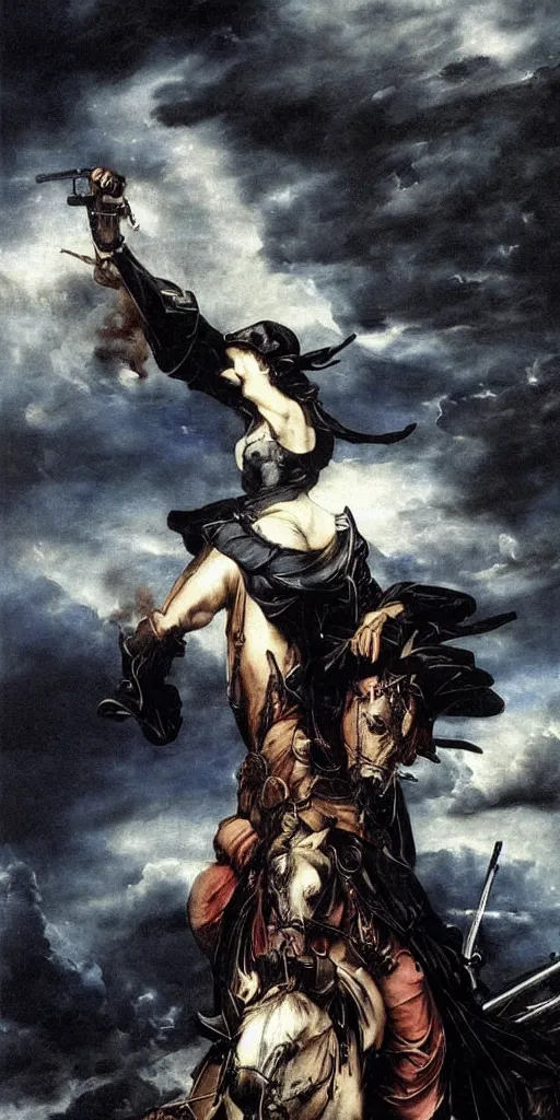 Image similar to spanish police arresting donquixote during a stormcloud with dramatic airbrushed clouds over black background by Luis royo and Caravaggio airbrush fantasy 80s, realistic masterpiece