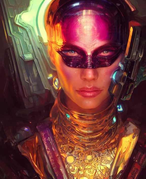 Image similar to portrait of a cyberpunk masked evil, half body, glowin eyes, d & d, fantasy, intricate, elegant, highly detailed, colorful, vivid color, digital painting, artstation, concept art, art by artgerm and greg rutkowski and alphonse mucha and ruan jia