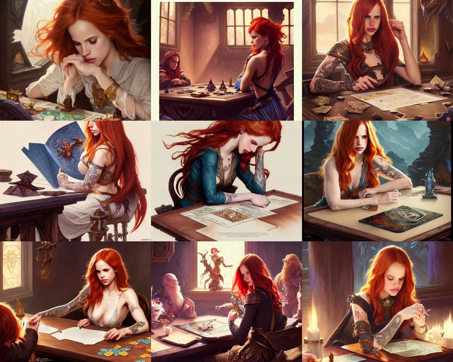 Prompt: redheaded tattooed halston sage sitting at table playing dnd, deep focus, d & d, fantasy, intricate, elegant, highly detailed, digital painting, artstation, concept art, matte, sharp focus, illustration, hearthstone, art by artgerm and greg rutkowski and alphonse mucha.