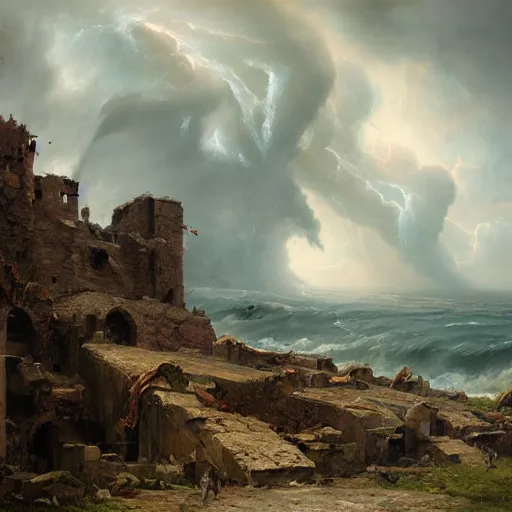 Image similar to Panorama view at a hurricane throwing ruined pieces from a castle around, oil painting, by Greg Rutkowski