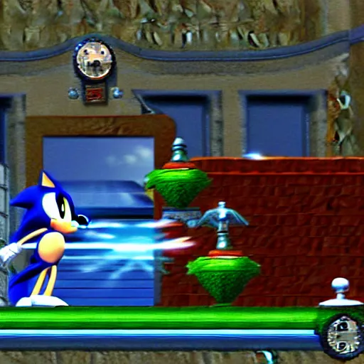 Prompt: sonic the hedgehog in a haunted mansion in a screenshot of sonic adventure 2 on the dreamcast