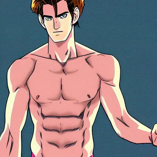 Prompt: Still of Andrew Garfield with a very muscular body type, anime art, anime style