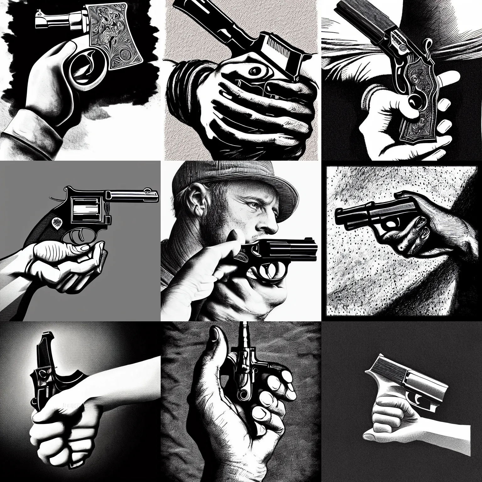 Prompt: pen and ink portrait of a hand holding a revolver, impressive scene. grainy and rough. black and white colour scheme. beautiful artistic detailed digital art