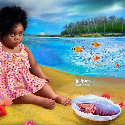 Image similar to spectacular scene of a little fat sweet girl with flowery dress, sitting on the sand, with a colorful fish, by the stormy lake. clear beautiful fat face. morning time. an amazingly beautiful scene. beautiful lighting, 4 k post - processing, trending in art station, cg society, highly detailed, 5 k extremely detailed, 3 d. stylize scene.