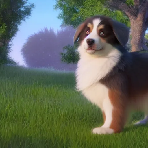 Image similar to a wholesome animation key shot of an australian shepherd puppy, studio ghibli, pixar and disney animation, sharp, rendered in unreal engine 5, anime key art by greg rutkowski, bloom, dramatic lighting