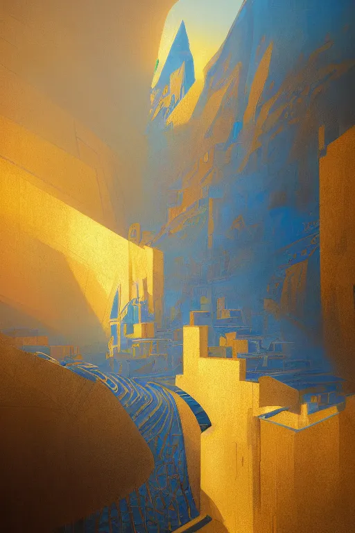 Image similar to art deco patterns, blue and gold, 8 k, powerfull, intricate, elegant, volumetric lighting, scenery, digital painting, highly detailed, artstation, sharp focus, illustration, concept art, ruan jia, steve mccurry, beksinski