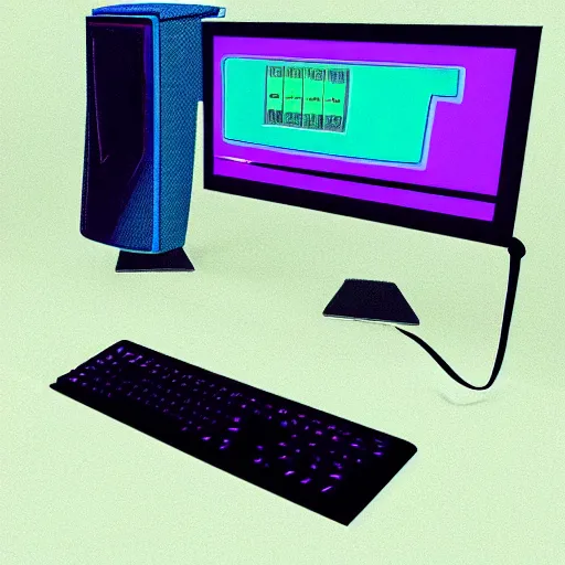 Image similar to A computer from the 90s in the style of vaporwave