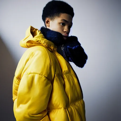 Prompt: realistic photoshooting for a new balenciaga lookbook color film photography portrait of a beautiful woman model, model wears a puffer jacket, photo in style of tyler mitchell, wes anderson, ssense