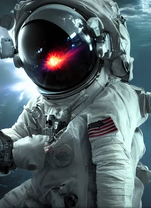 Image similar to poster art by craig mullins astronaut in futuristic dark and empty spaceship underwater. infrared glowing lights. complex and hyperdetailed technical suit. reflection and dispersion materials. rays and dispersion of light. volumetric light. 5 0 mm, f / 3 2. noise film photo. flash photography. unreal engine 4, octane render. interstellar poster