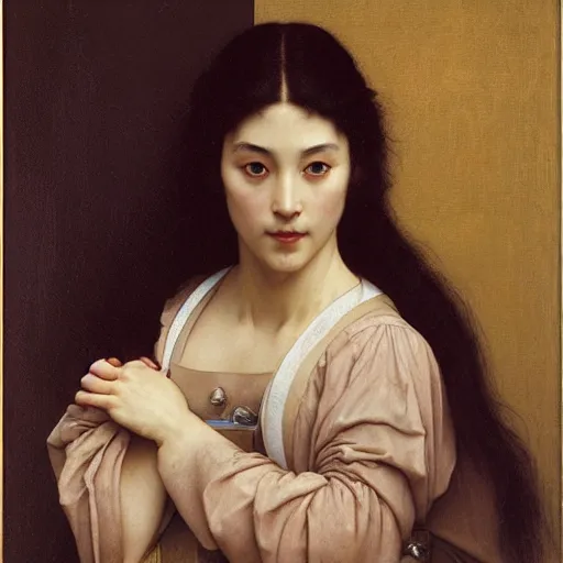 Prompt: museum quality painting of yamaguchi momoe, by jan van eyck, tom bagshaw, jean delville, william bouguereau, albrecht durer