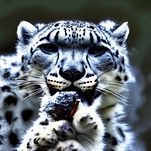 Image similar to Snow leopard smoking a joint, smoke clouds, award-winning photo