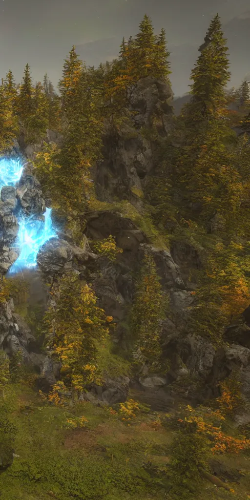 Prompt: a celestial portal in the middle of the mountains to another world, foliage, realistic, unreal engine,