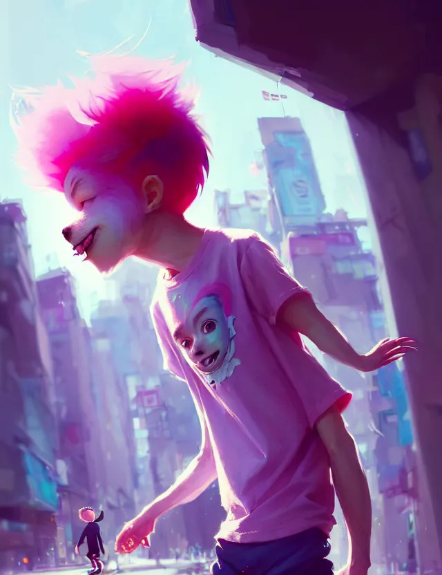 Prompt: a beautiful portrait of a cute boy with pink hair wearing tshirt and leggings under shorts in a city. character design by cory loftis, fenghua zhong, ryohei hase, ismail inceoglu and ruan jia. artstation, volumetric light, detailed, photorealistic, fantasy, rendered in octane