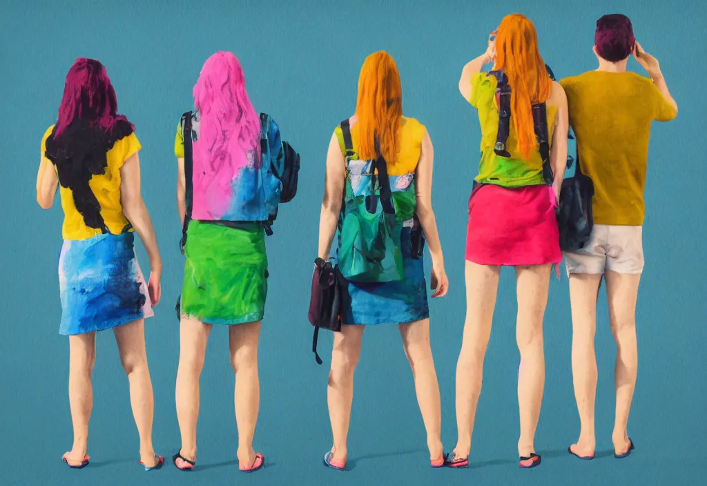 Image similar to full body portrait of a trio of european tourists with nikon cameras, rear views, character designs painting, in the style of wes anderson, rene magritte, lola dupre, david hockney, isolated on white background, dark monochrome neon spraypaint accents volumetric octane render