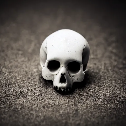 Image similar to a tiny, pristine white human Skull, plain black background, close-up macro photography, bokeh, shallow focus